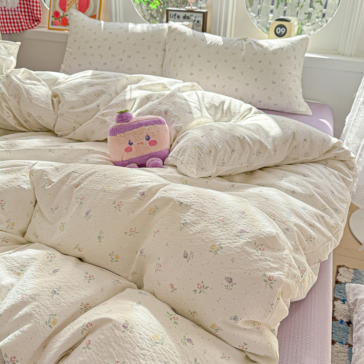 91家纺网 家纺一手货源 找家纺 朵朵家纺 2026新款云感木棉皱皱纱双层纱印花四件套 繁星春水