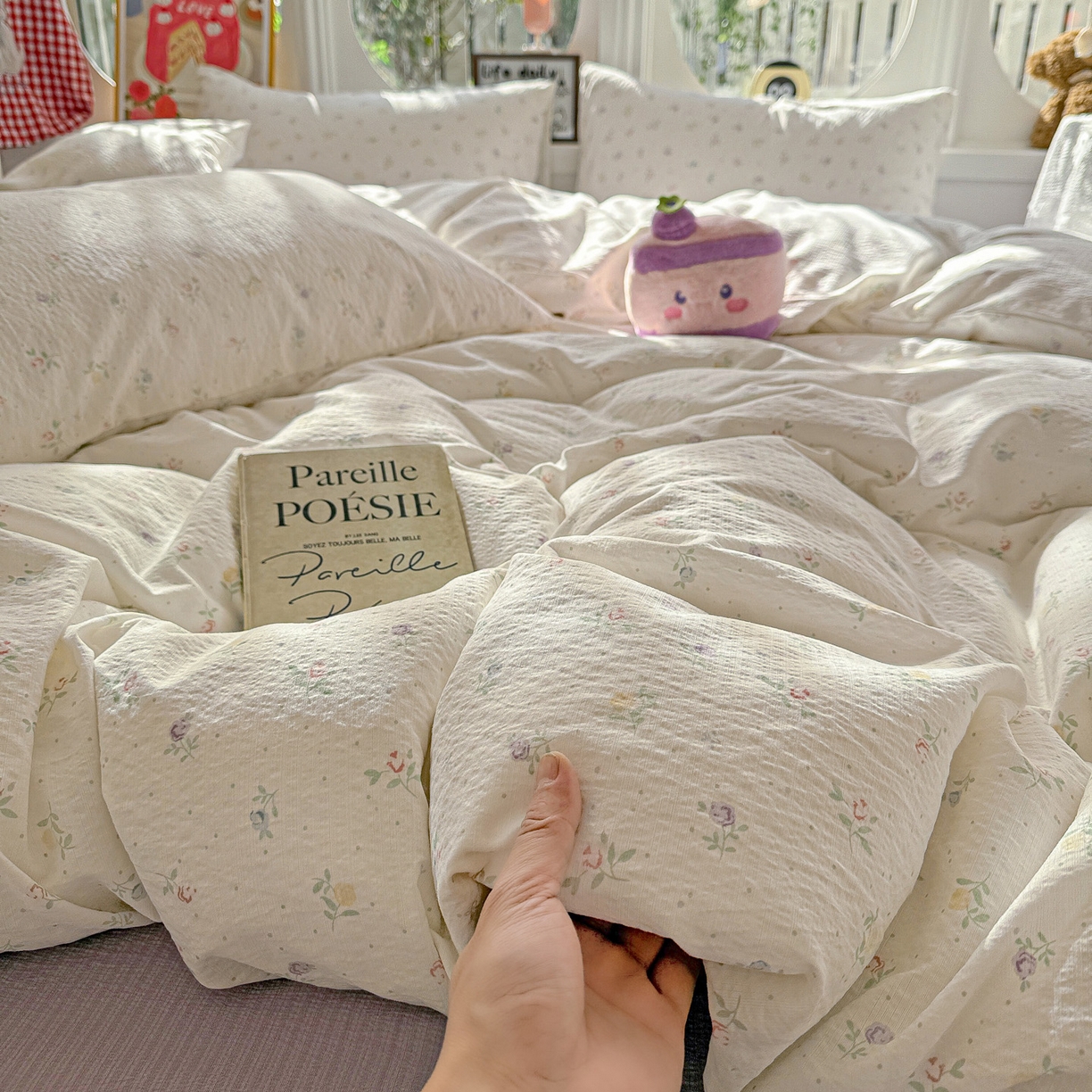 91家纺网 家纺一手货源 找家纺 朵朵家纺 2026新款云感木棉皱皱纱双层纱印花四件套 繁星春水