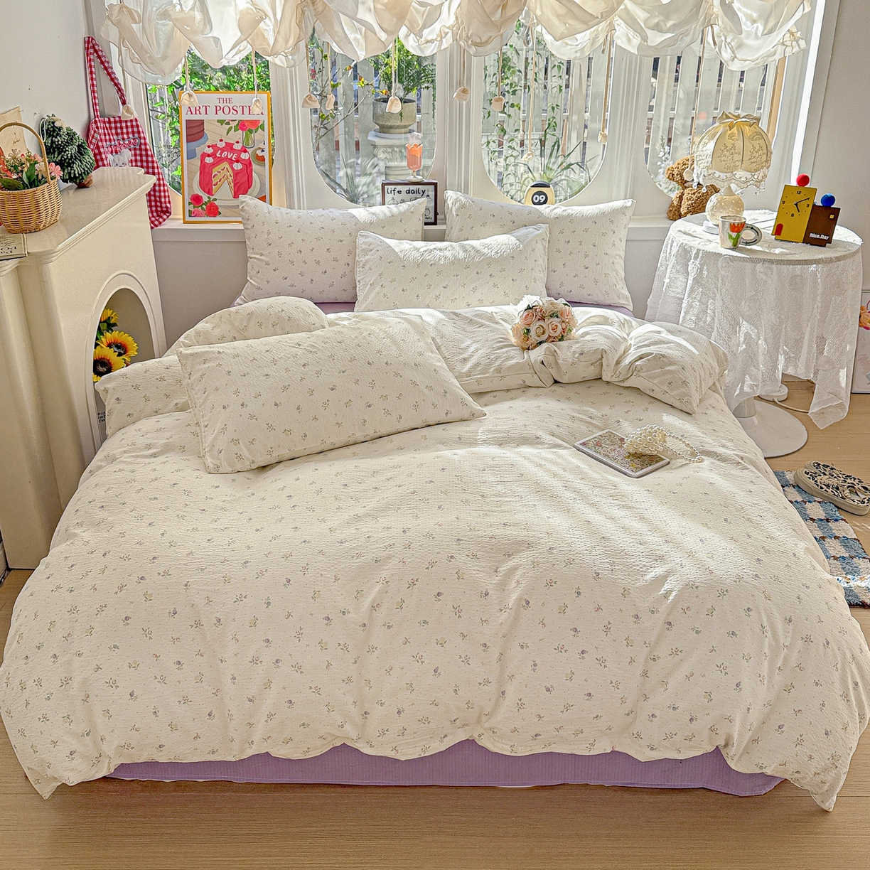 91家纺网 家纺一手货源 找家纺 朵朵家纺 2026新款云感木棉皱皱纱双层纱印花四件套 繁星春水