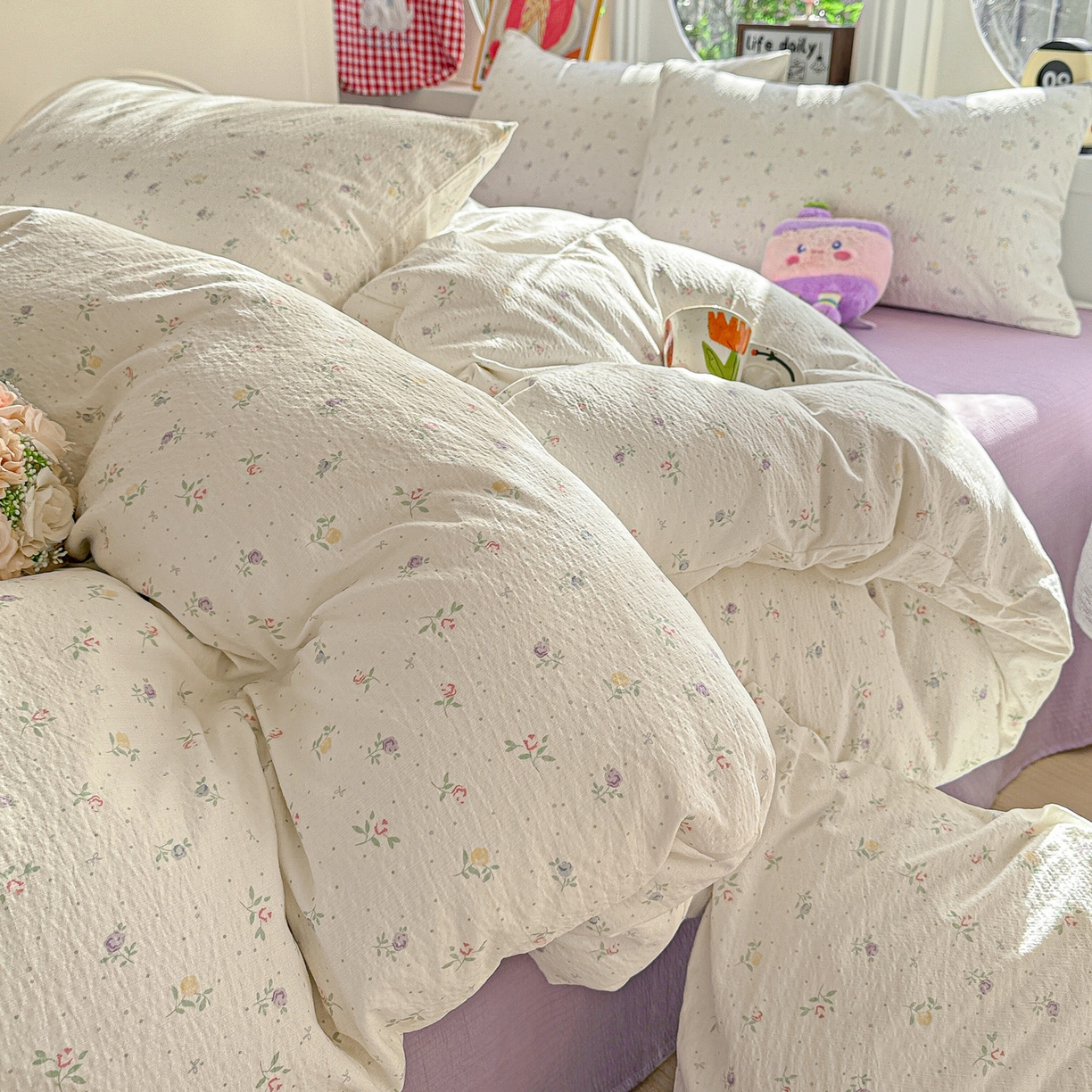 91家纺网 家纺一手货源 找家纺 朵朵家纺 2026新款云感木棉皱皱纱双层纱印花四件套 繁星春水