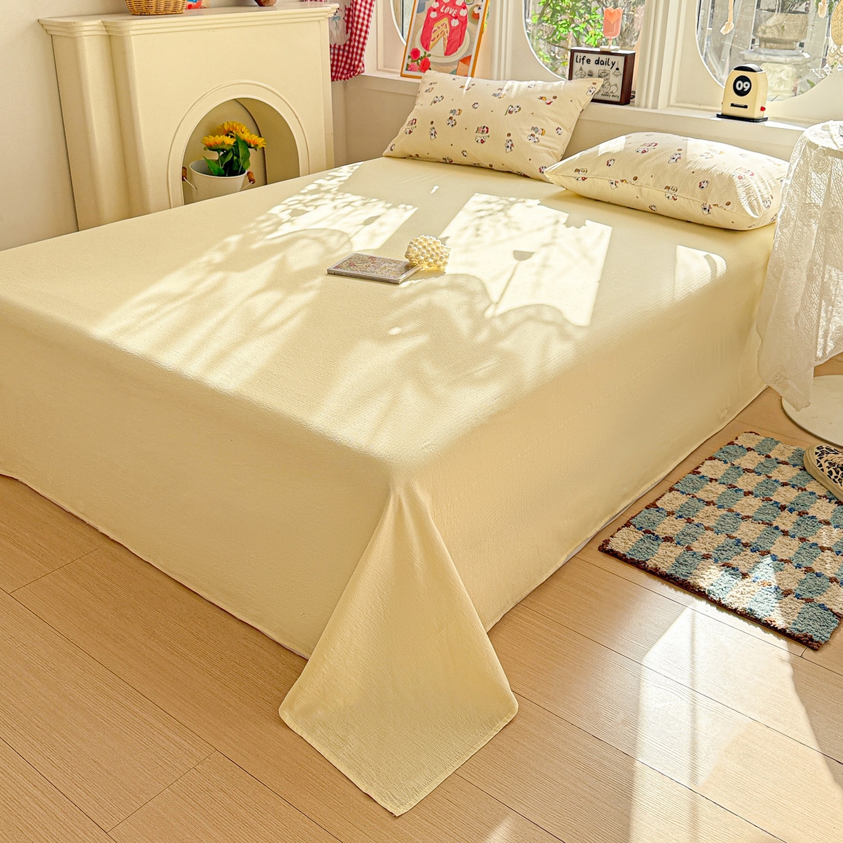 91家纺网 家纺一手货源 找家纺 朵朵家纺 2026新款云感木棉皱皱纱双层纱印花四件套 好朋友