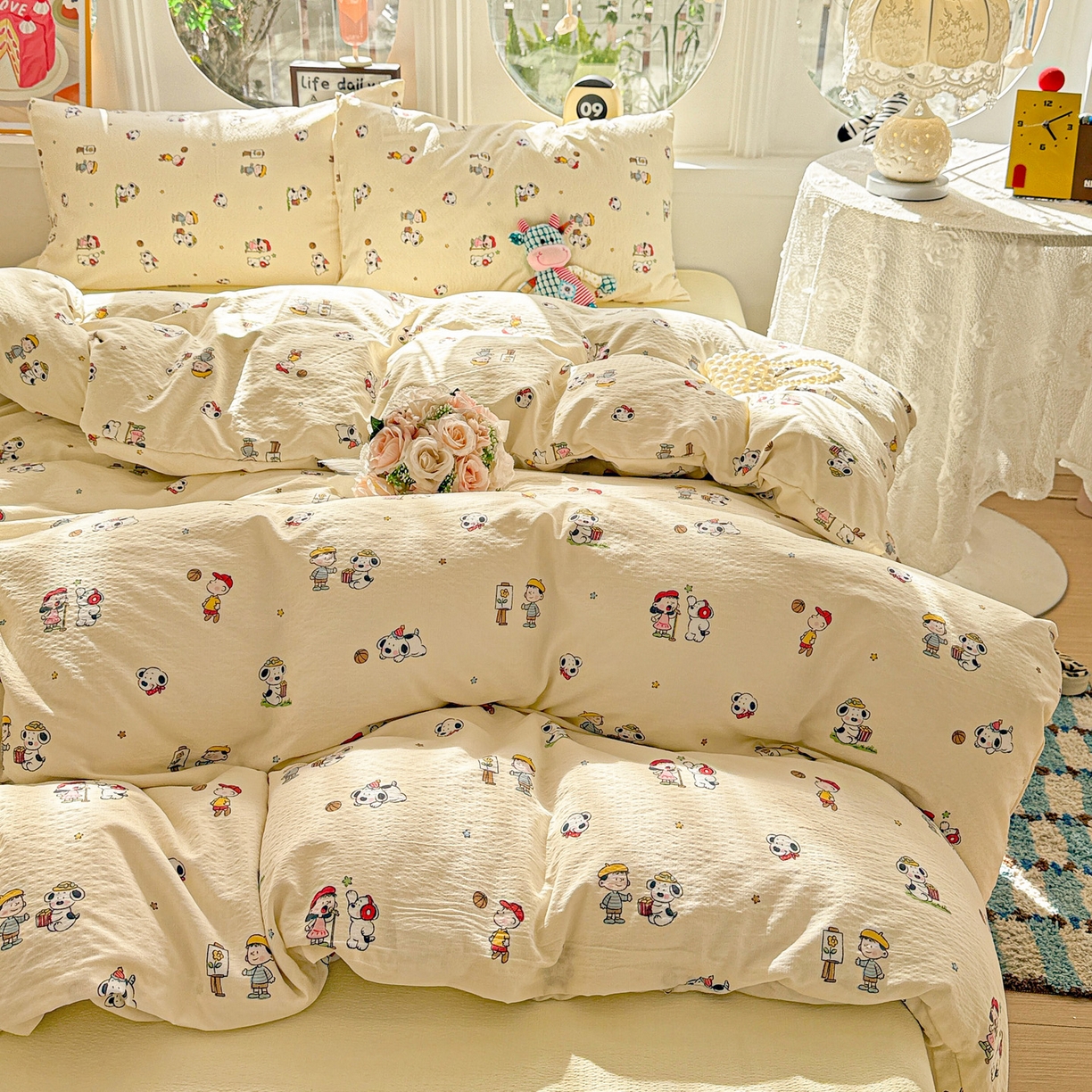 91家纺网 家纺一手货源 找家纺 朵朵家纺 2026新款云感木棉皱皱纱双层纱印花四件套 好朋友