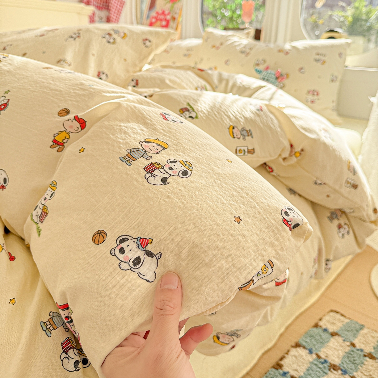 朵朵家纺 2026新款云感木棉皱皱纱双层纱印花四件套 好朋友