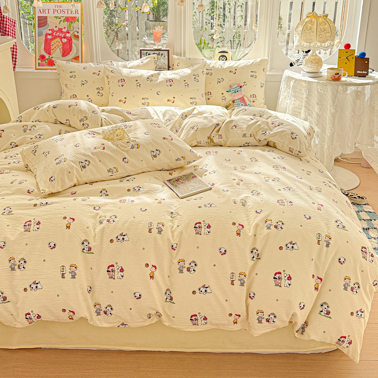 91家纺网 家纺一手货源 找家纺 朵朵家纺 2026新款云感木棉皱皱纱双层纱印花四件套 好朋友