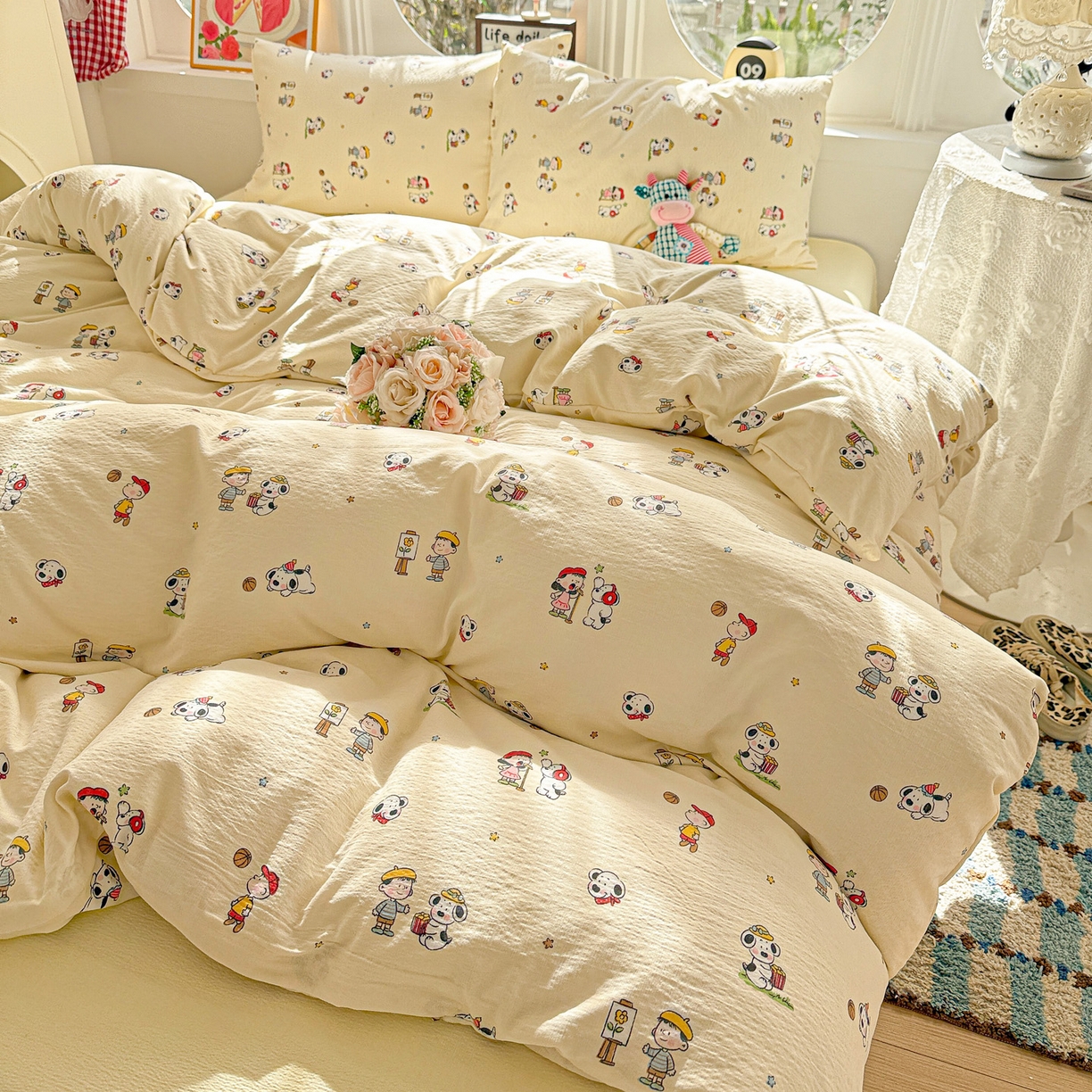 91家纺网 家纺一手货源 找家纺 朵朵家纺 2026新款云感木棉皱皱纱双层纱印花四件套 好朋友