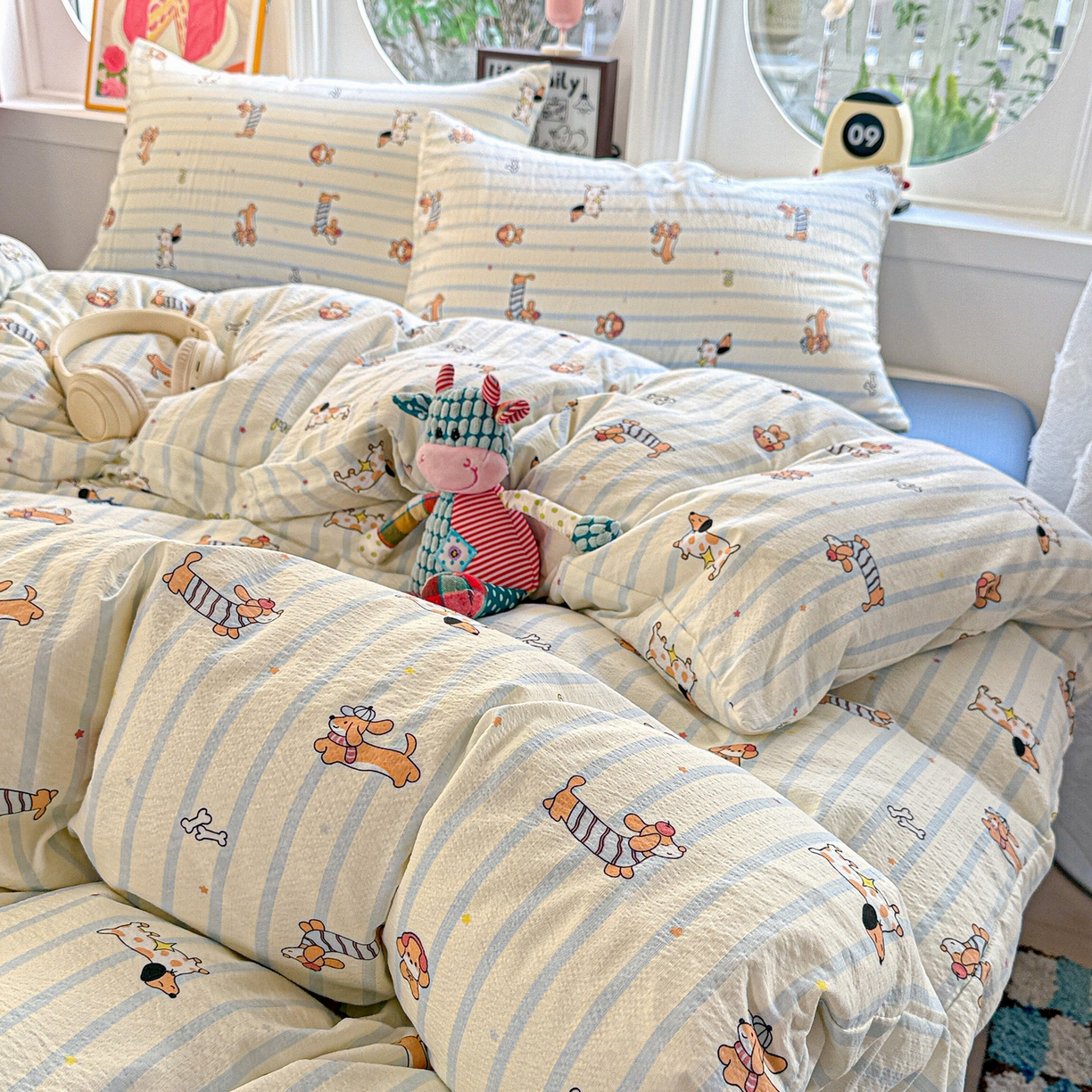 91家纺网 家纺一手货源 找家纺 朵朵家纺 2026新款云感木棉皱皱纱双层纱印花四件套 来财梦