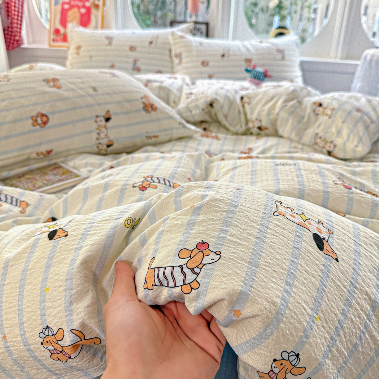 91家纺网 家纺一手货源 找家纺 朵朵家纺 2026新款云感木棉皱皱纱双层纱印花四件套 来财梦