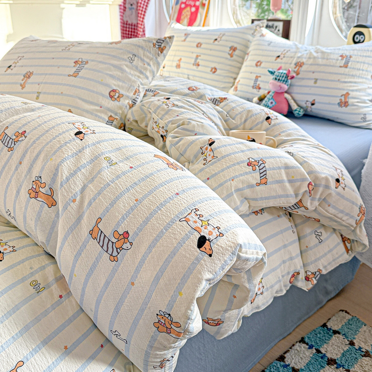 91家纺网 家纺一手货源 找家纺 朵朵家纺 2026新款云感木棉皱皱纱双层纱印花四件套 来财梦