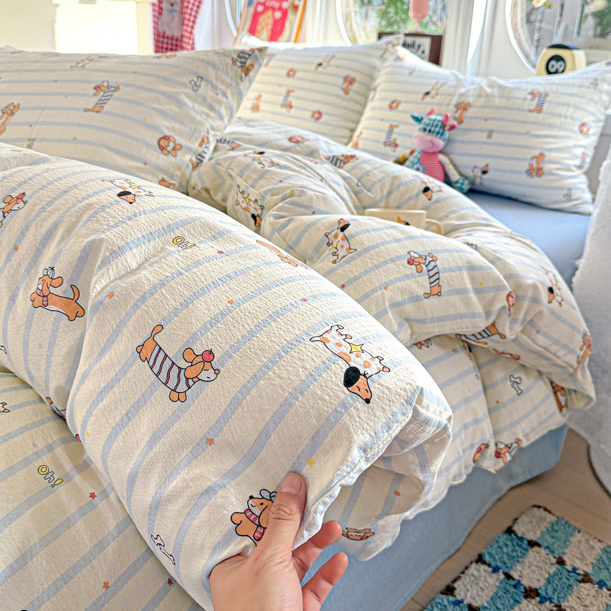 朵朵家纺 2026新款云感木棉皱皱纱双层纱印花四件套 来财梦