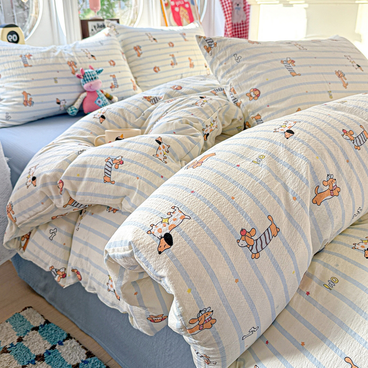 91家纺网 家纺一手货源 找家纺 朵朵家纺 2026新款云感木棉皱皱纱双层纱印花四件套 来财梦