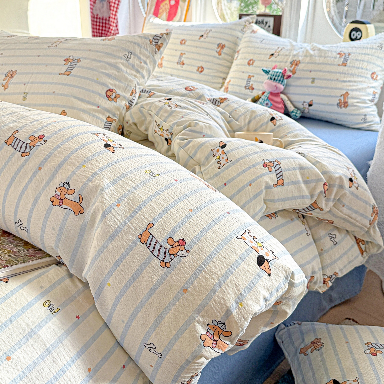 91家纺网 家纺一手货源 找家纺 朵朵家纺 2026新款云感木棉皱皱纱双层纱印花四件套 来财梦