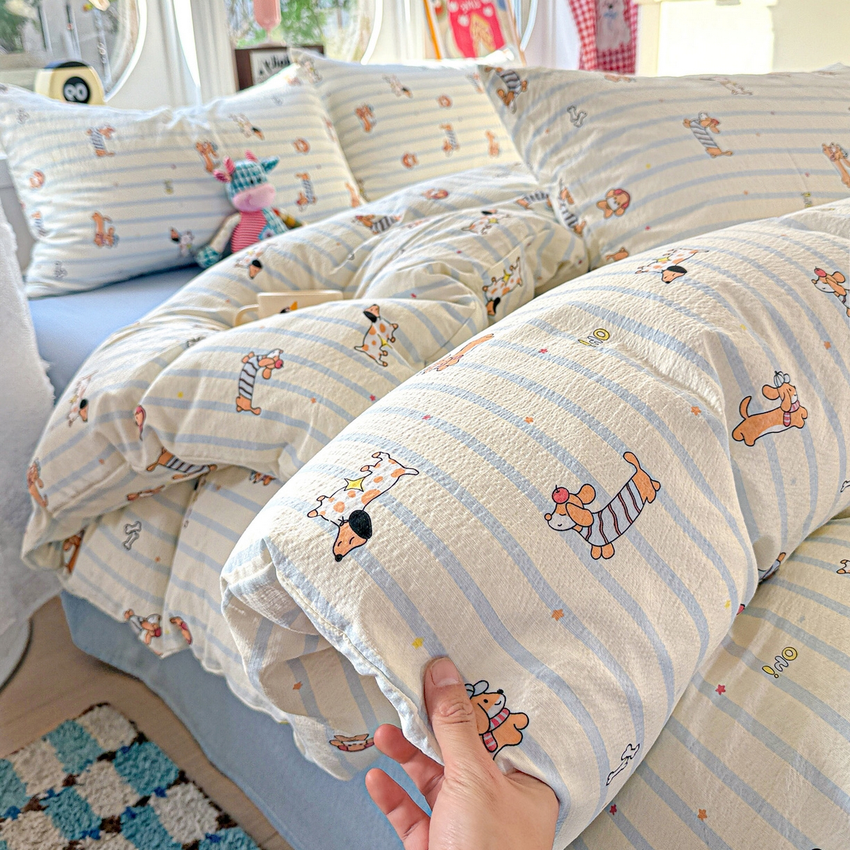 91家纺网 家纺一手货源 找家纺 朵朵家纺 2026新款云感木棉皱皱纱双层纱印花四件套 来财梦