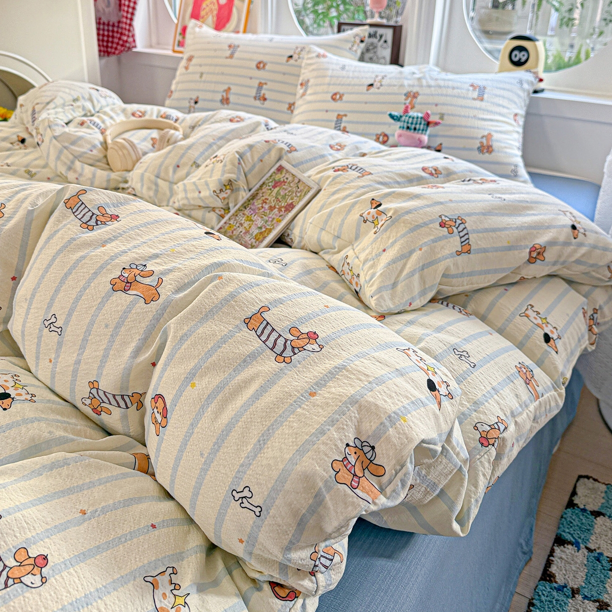 91家纺网 家纺一手货源 找家纺 朵朵家纺 2026新款云感木棉皱皱纱双层纱印花四件套 来财梦