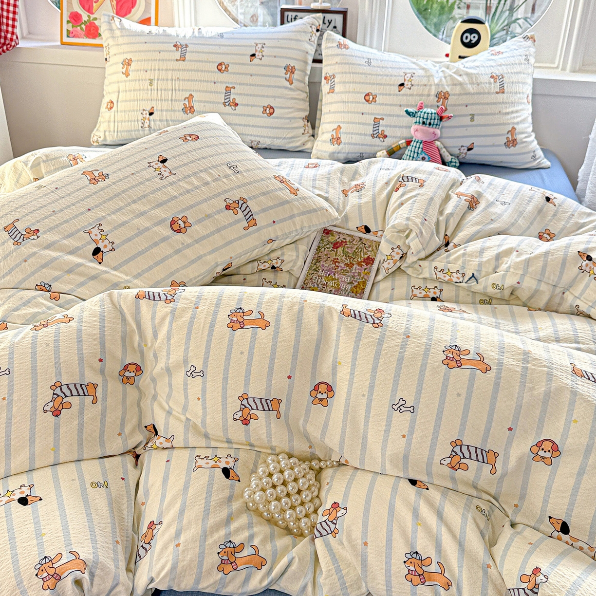 91家纺网 家纺一手货源 找家纺 朵朵家纺 2026新款云感木棉皱皱纱双层纱印花四件套 来财梦