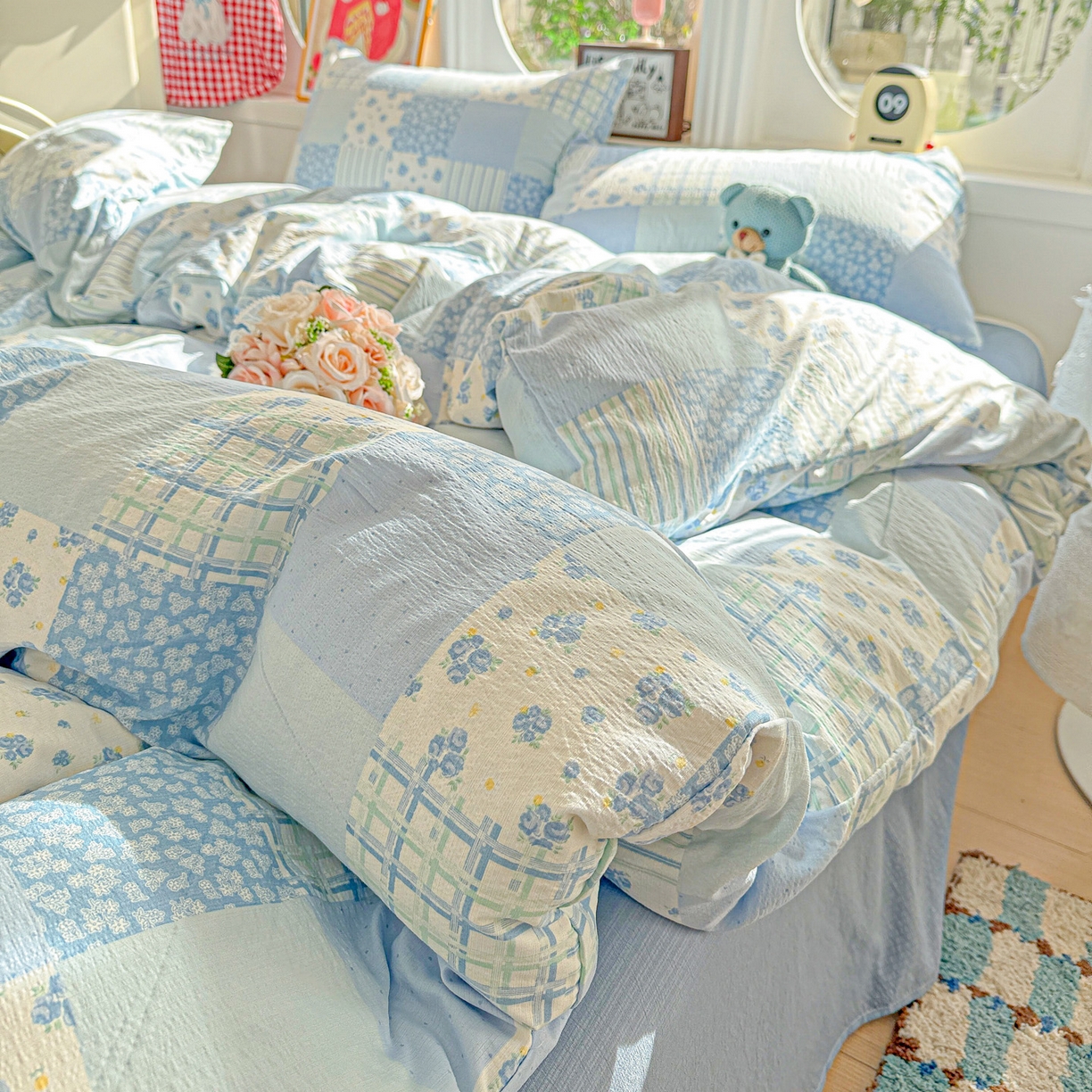 91家纺网 家纺一手货源 找家纺 朵朵家纺 2026新款云感木棉皱皱纱双层纱印花四件套 兰溪