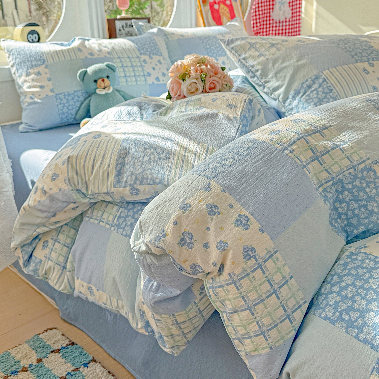 91家纺网 家纺一手货源 找家纺 朵朵家纺 2026新款云感木棉皱皱纱双层纱印花四件套 兰溪