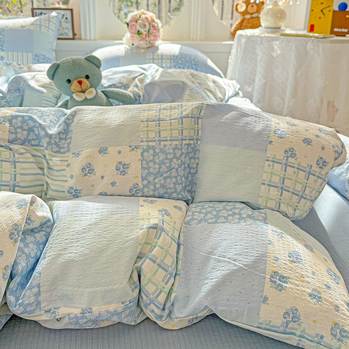 91家纺网 家纺一手货源 找家纺 朵朵家纺 2026新款云感木棉皱皱纱双层纱印花四件套 兰溪