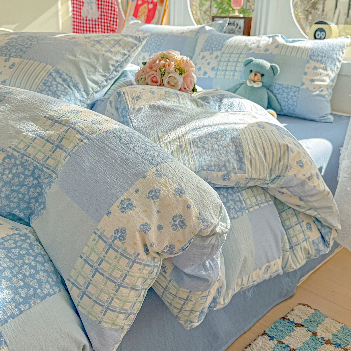 91家纺网 家纺一手货源 找家纺 朵朵家纺 2026新款云感木棉皱皱纱双层纱印花四件套 兰溪