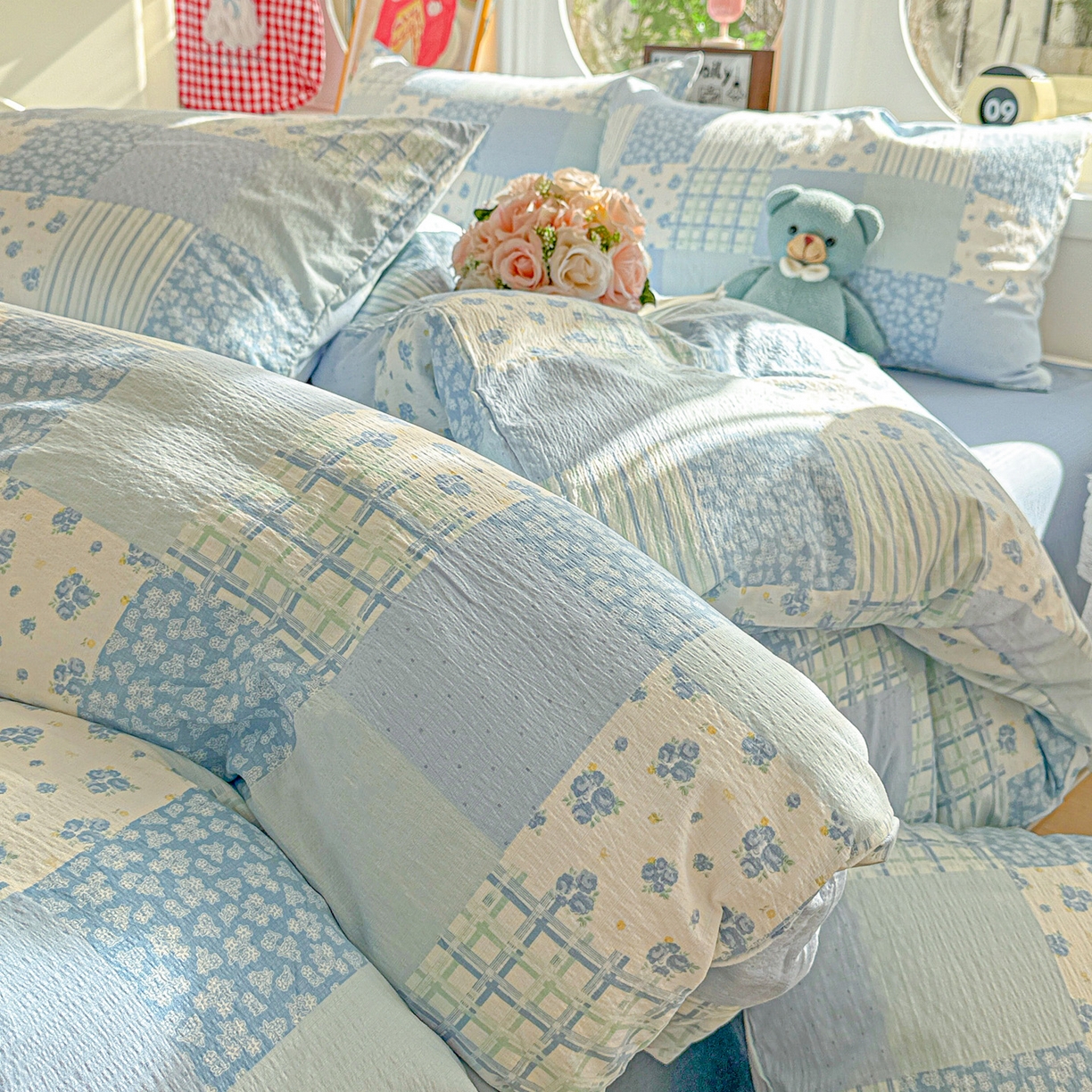 91家纺网 家纺一手货源 找家纺 朵朵家纺 2026新款云感木棉皱皱纱双层纱印花四件套 兰溪