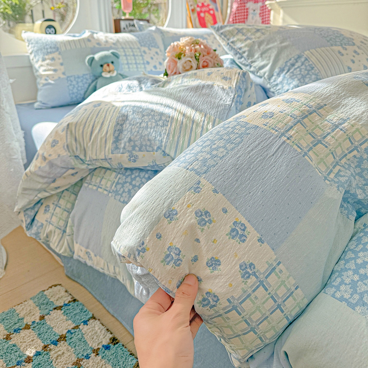 91家纺网 家纺一手货源 找家纺 朵朵家纺 2026新款云感木棉皱皱纱双层纱印花四件套 兰溪