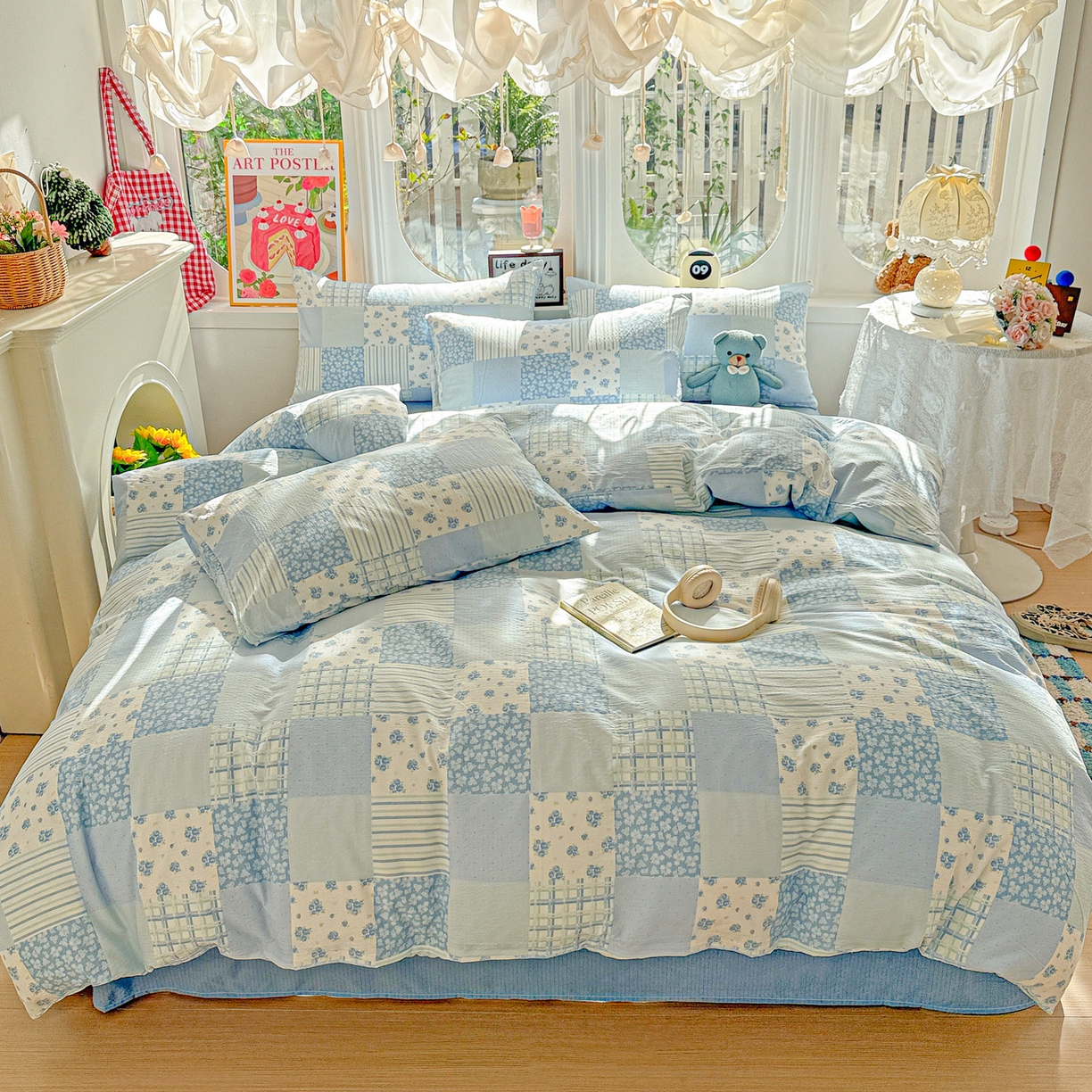 91家纺网 家纺一手货源 找家纺 朵朵家纺 2026新款云感木棉皱皱纱双层纱印花四件套 兰溪