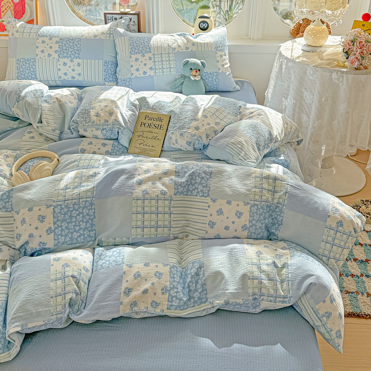 91家纺网 家纺一手货源 找家纺 朵朵家纺 2026新款云感木棉皱皱纱双层纱印花四件套 兰溪