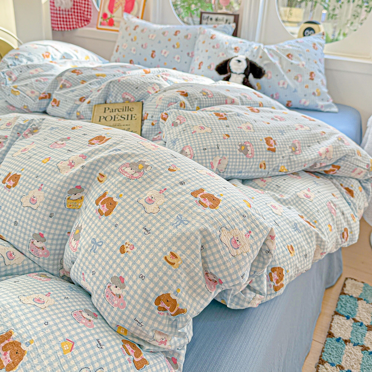 91家纺网 家纺一手货源 找家纺 朵朵家纺 2026新款云感木棉皱皱纱双层纱印花四件套 萌宠派对