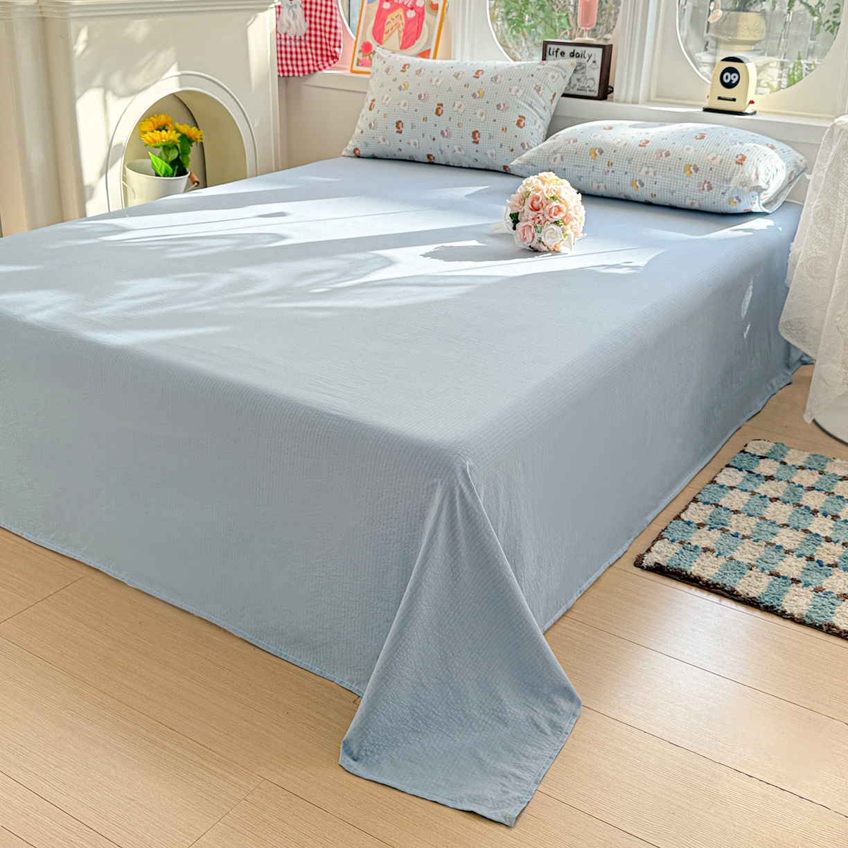 91家纺网 家纺一手货源 找家纺 朵朵家纺 2026新款云感木棉皱皱纱双层纱印花四件套 萌宠派对