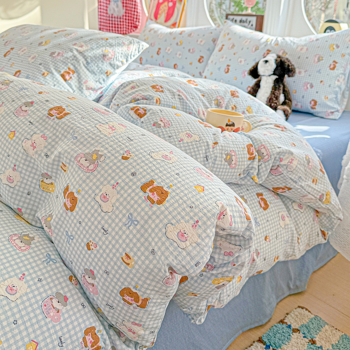 91家纺网 家纺一手货源 找家纺 朵朵家纺 2026新款云感木棉皱皱纱双层纱印花四件套 萌宠派对