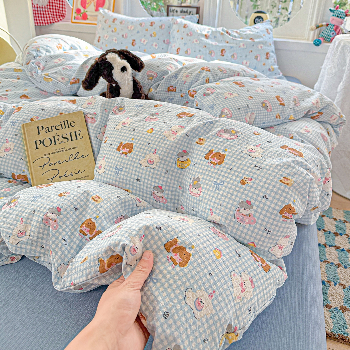 91家纺网 家纺一手货源 找家纺 朵朵家纺 2026新款云感木棉皱皱纱双层纱印花四件套 萌宠派对