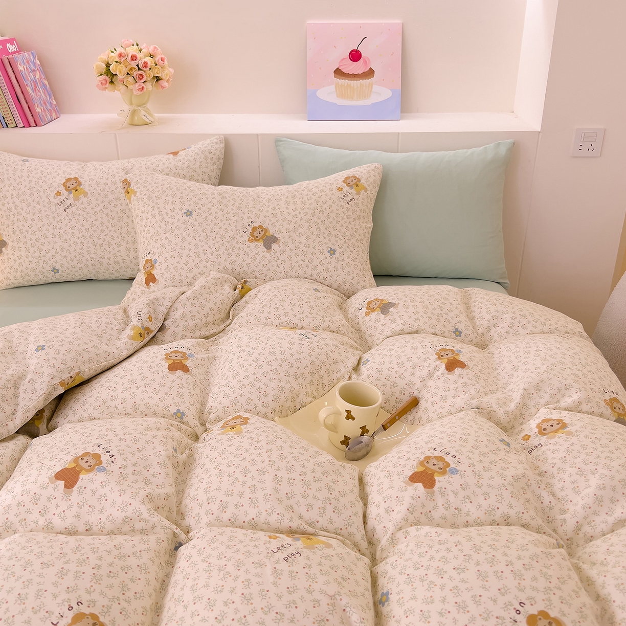 91家纺网 家纺一手货源 找家纺 DoDo 兜兜 2026新款全棉纯棉小温暖双层纱四件套【可定做尺寸】萌萌狮