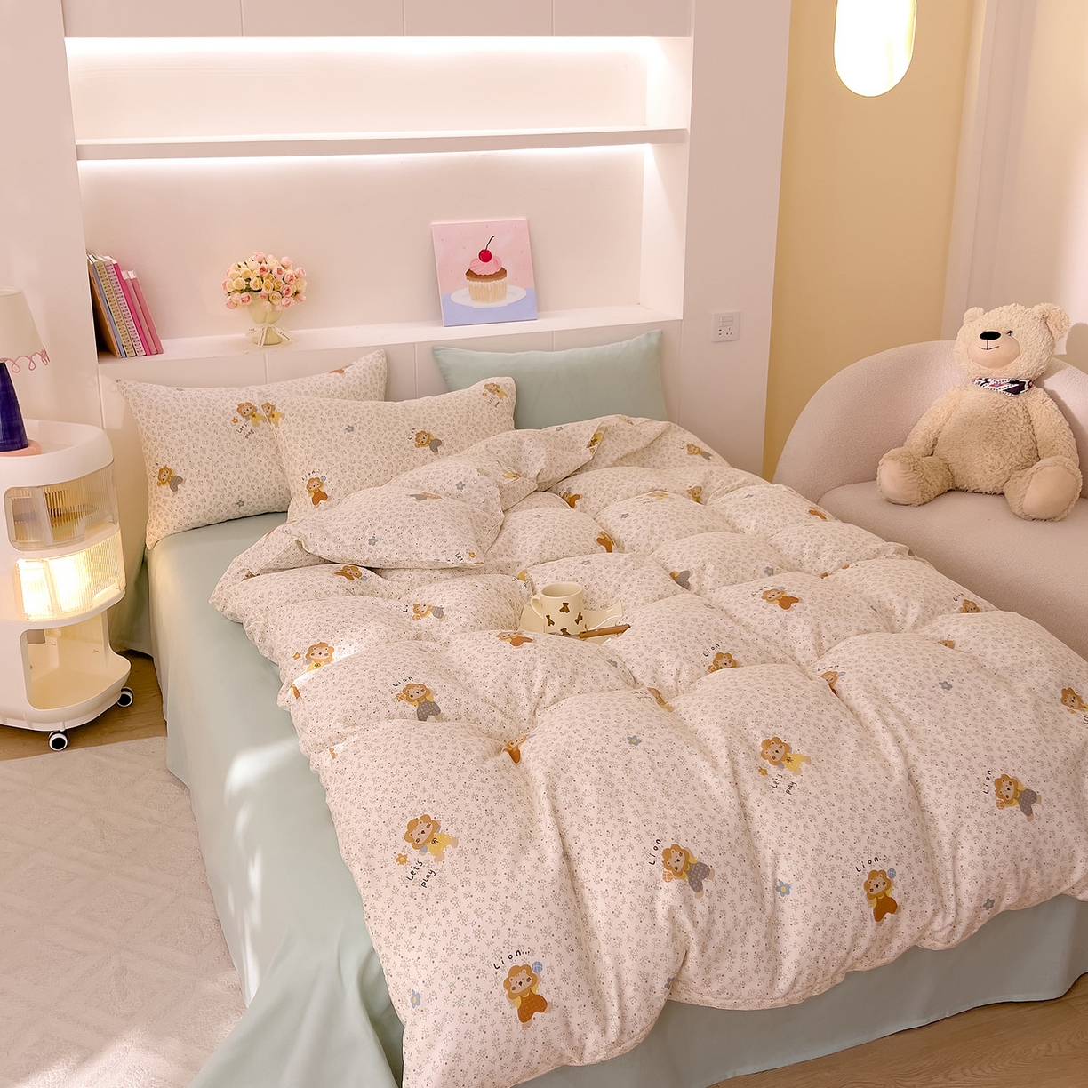 91家纺网 家纺一手货源 找家纺 DoDo 兜兜 2026新款全棉纯棉小温暖双层纱四件套【可定做尺寸】萌萌狮