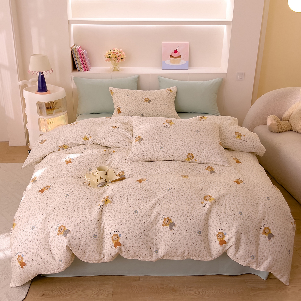 91家纺网 家纺一手货源 找家纺 DoDo 兜兜 2026新款全棉纯棉小温暖双层纱四件套【可定做尺寸】萌萌狮