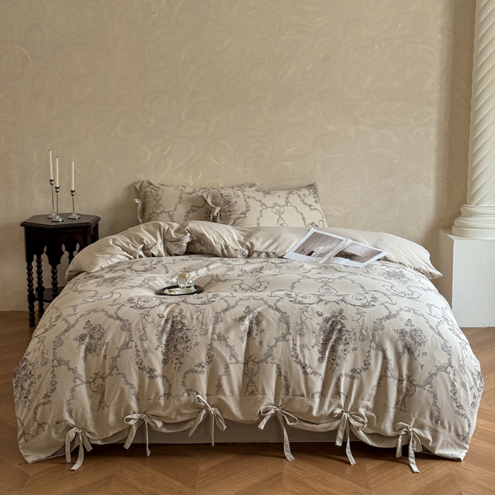 91家纺网 家纺一手货源 找家纺 漫仙阁家纺 2026新款蝴蝶结汉麻四件套 花缕