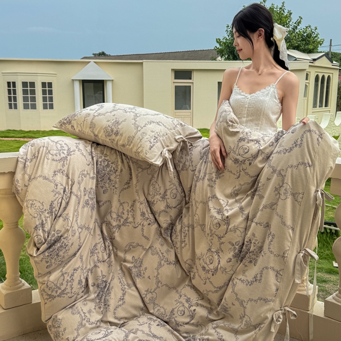 91家纺网 家纺一手货源 找家纺 漫仙阁家纺 2026新款蝴蝶结汉麻四件套 花缕