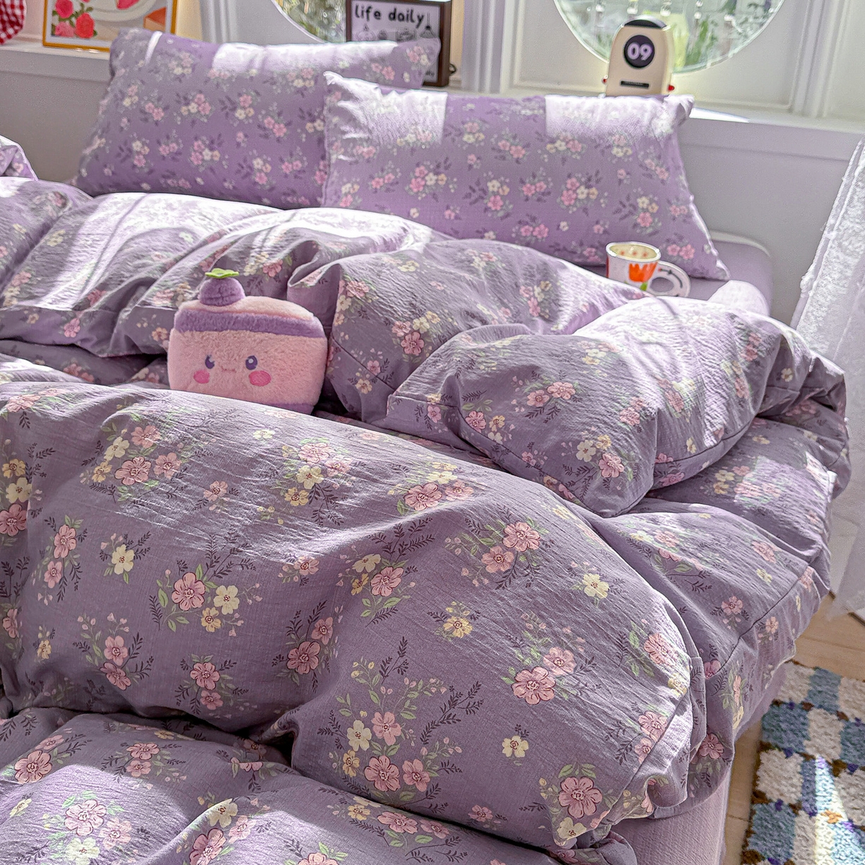 91家纺网 家纺一手货源 找家纺 朵朵家纺 2026新款云感木棉皱皱纱双层纱印花四件套 芊芊花语