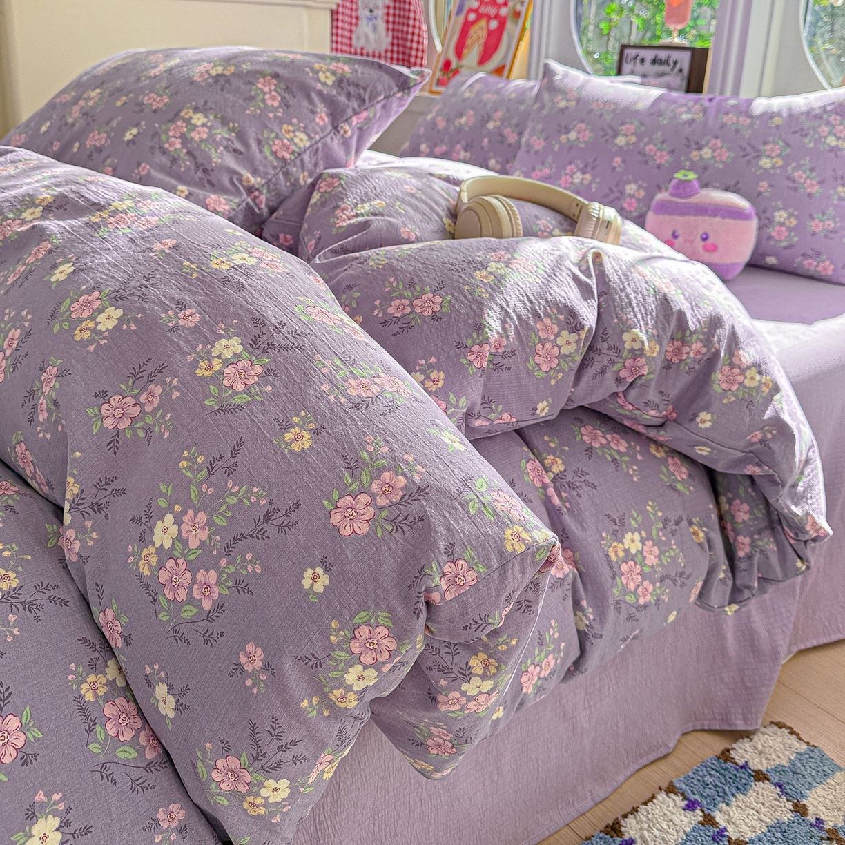 91家纺网 家纺一手货源 找家纺 朵朵家纺 2026新款云感木棉皱皱纱双层纱印花四件套 芊芊花语