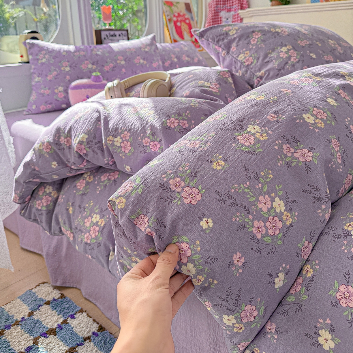 91家纺网 家纺一手货源 找家纺 朵朵家纺 2026新款云感木棉皱皱纱双层纱印花四件套 芊芊花语