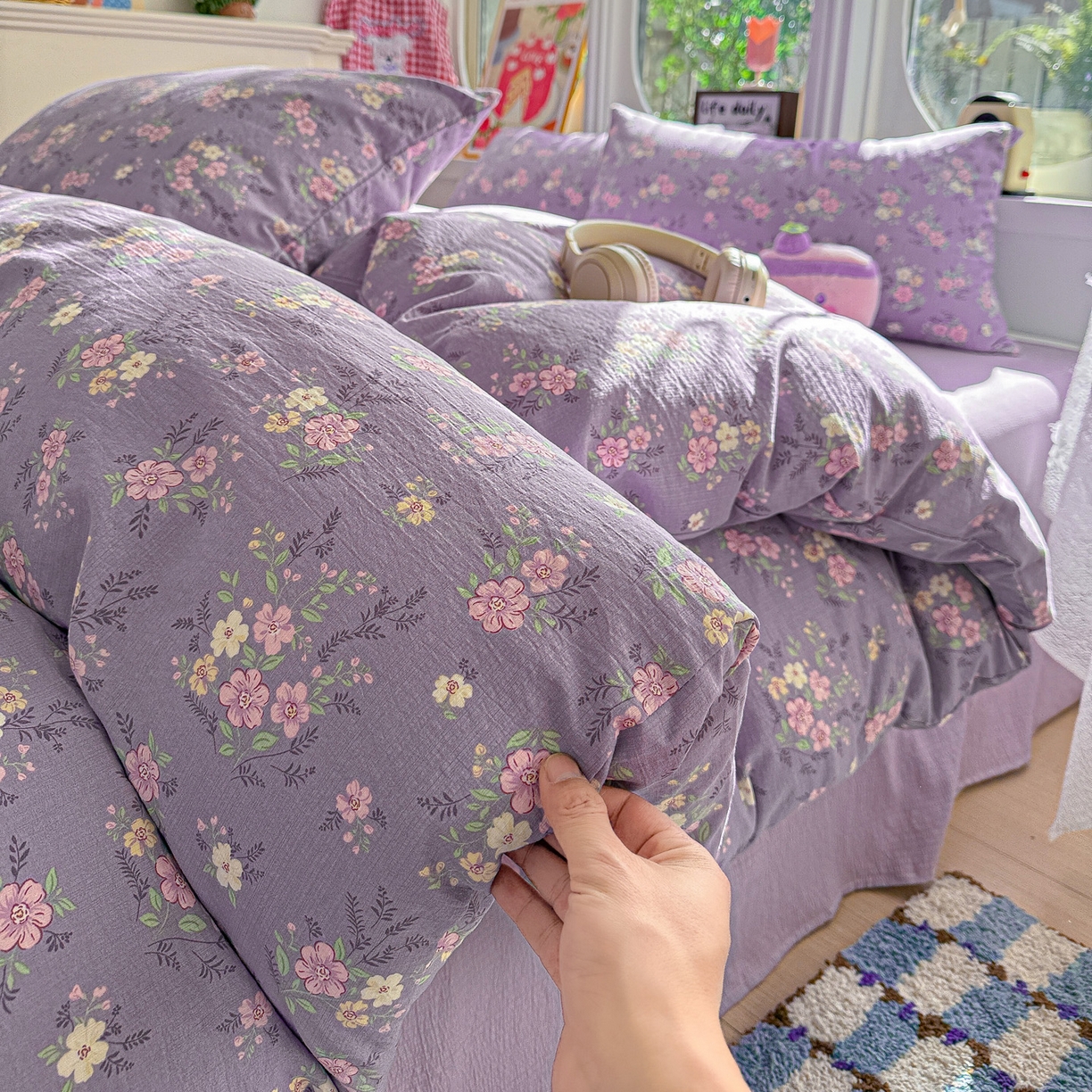 朵朵家纺 2026新款云感木棉皱皱纱双层纱印花四件套 芊芊花语