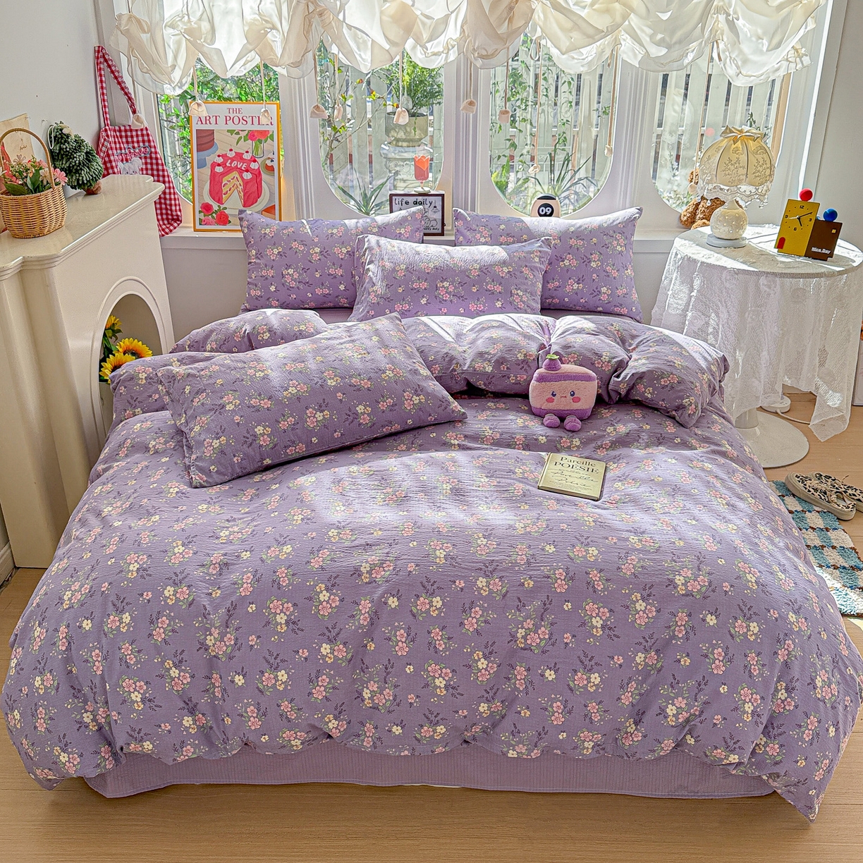 91家纺网 家纺一手货源 找家纺 朵朵家纺 2026新款云感木棉皱皱纱双层纱印花四件套 芊芊花语