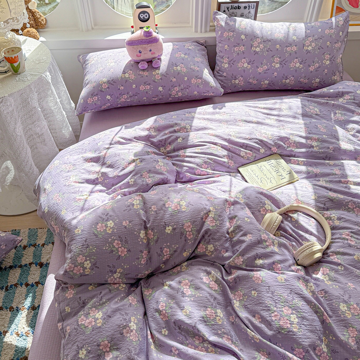 91家纺网 家纺一手货源 找家纺 朵朵家纺 2026新款云感木棉皱皱纱双层纱印花四件套 芊芊花语