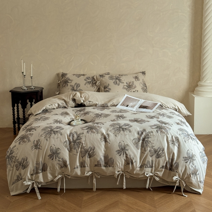 91家纺网 家纺一手货源 找家纺 漫仙阁家纺 2026新款蝴蝶结汉麻四件套 墨花