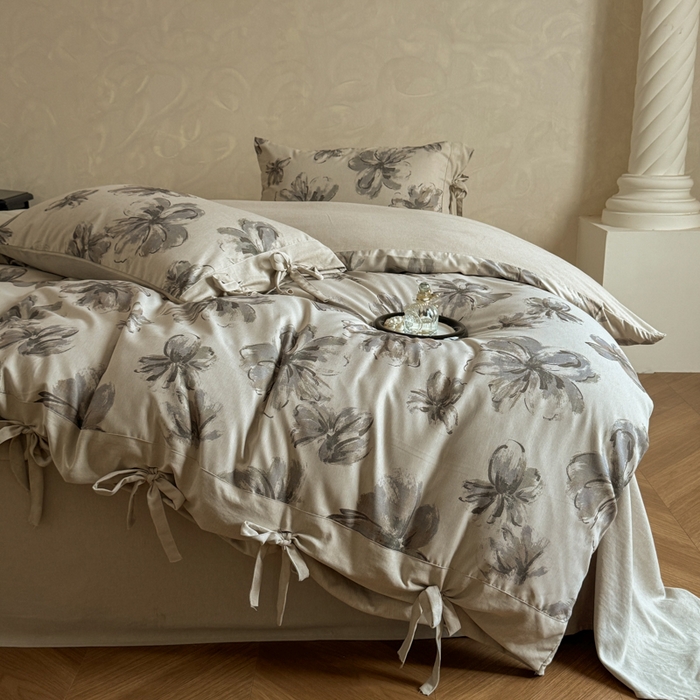 91家纺网 家纺一手货源 找家纺 漫仙阁家纺 2026新款蝴蝶结汉麻四件套 墨花