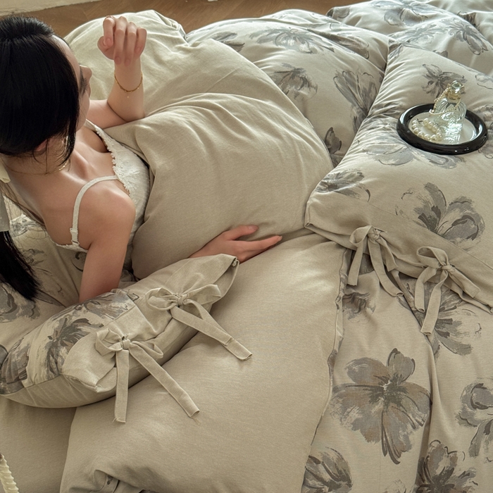 91家纺网 家纺一手货源 找家纺 漫仙阁家纺 2026新款蝴蝶结汉麻四件套 墨花