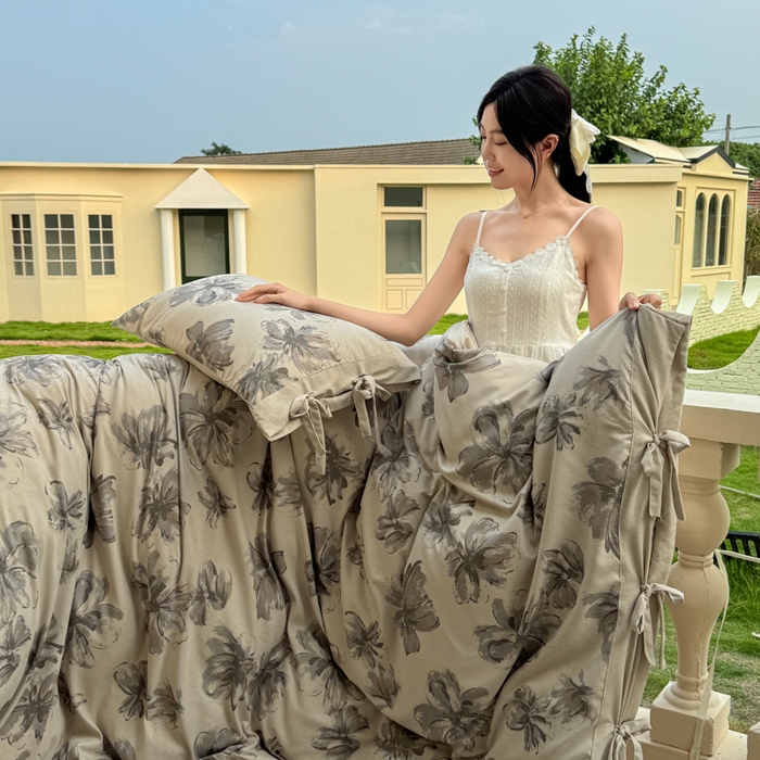 91家纺网 家纺一手货源 找家纺 漫仙阁家纺 2026新款蝴蝶结汉麻四件套 墨花