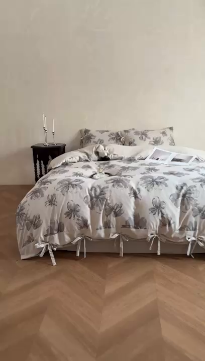 91家纺网 家纺一手货源 找家纺 漫仙阁家纺 2026新款蝴蝶结汉麻四件套 墨花