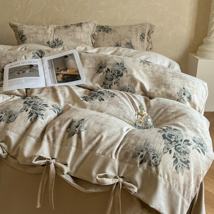 91家纺网 家纺一手货源 找家纺 漫仙阁家纺 2026新款蝴蝶结汉麻四件套 蔷薇