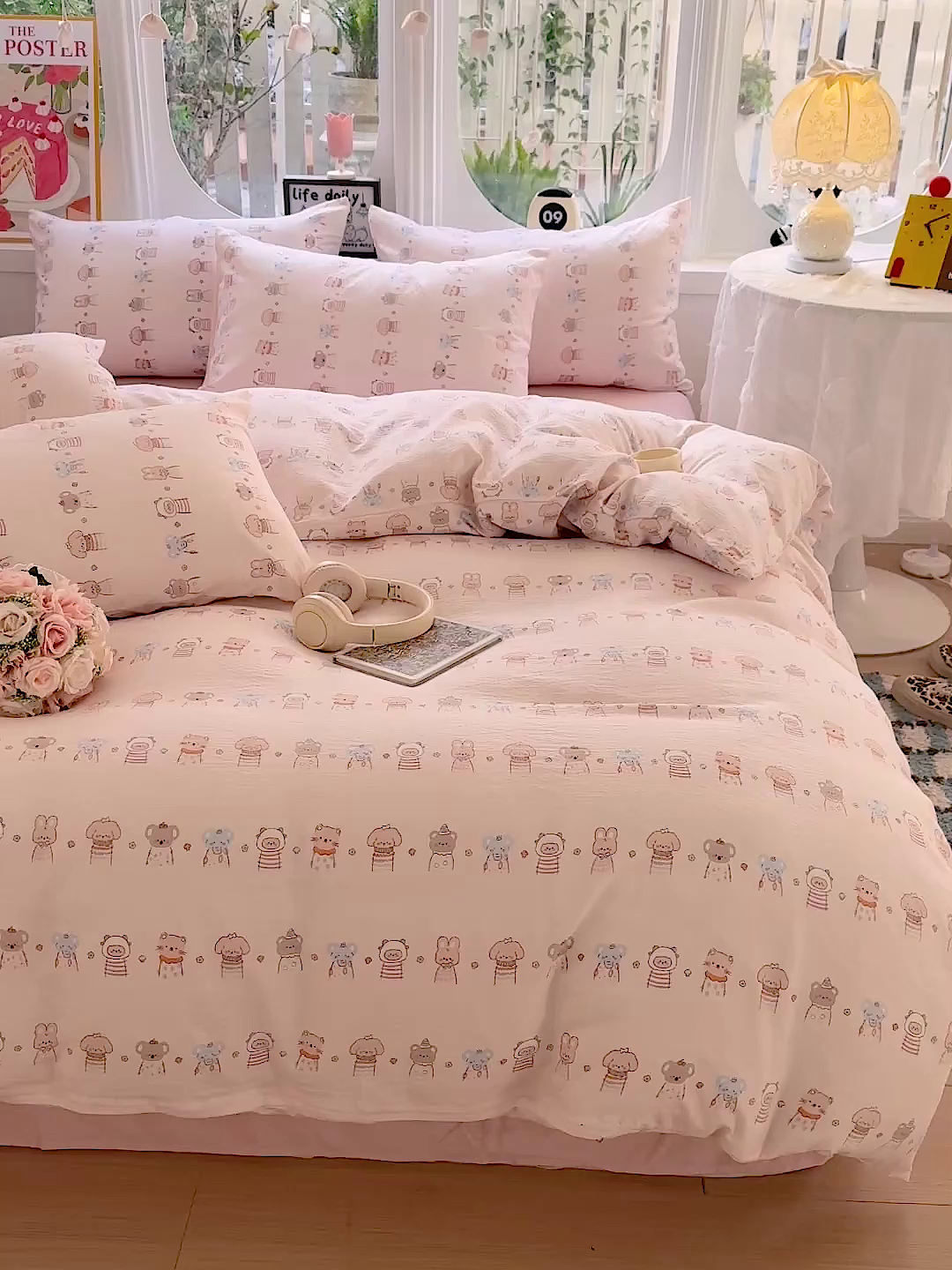 91家纺网 家纺一手货源 找家纺 朵朵家纺 2026新款云感木棉皱皱纱双层纱印花四件套 森林乐园