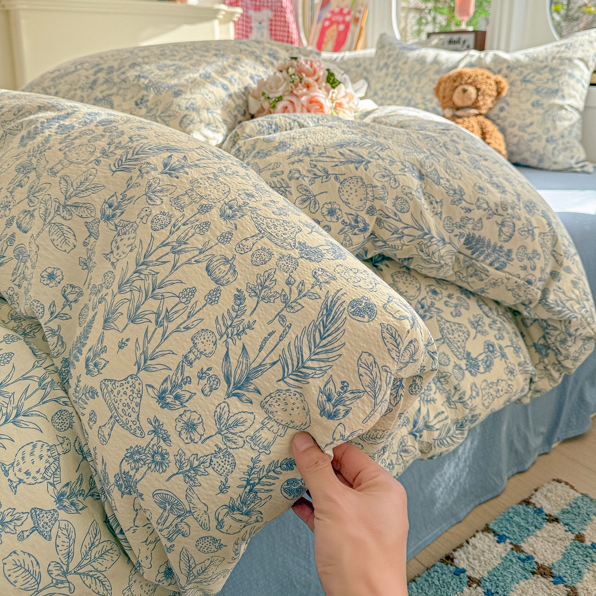 朵朵家纺 2026新款云感木棉皱皱纱双层纱印花四件套 森林密语