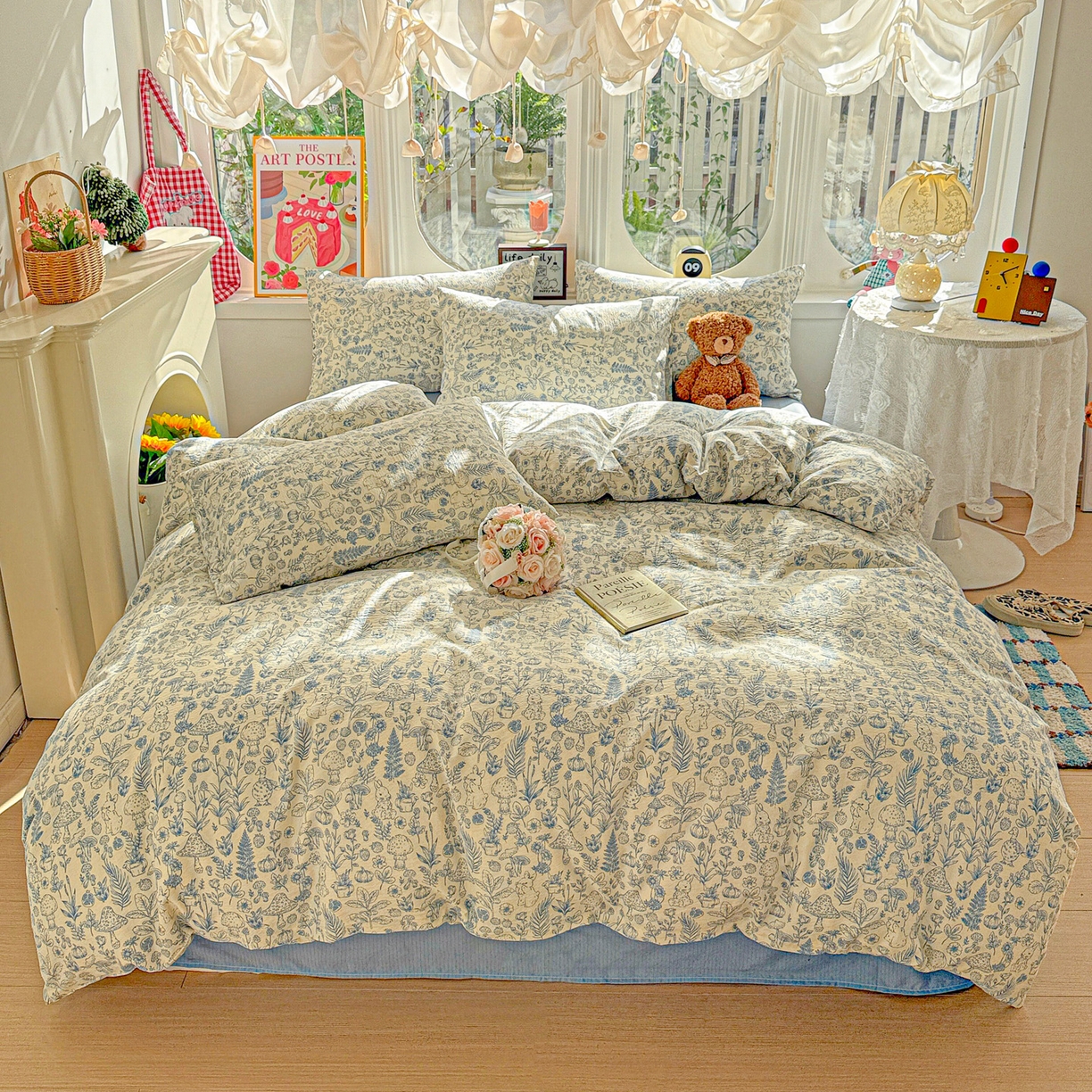 91家纺网 家纺一手货源 找家纺 朵朵家纺 2026新款云感木棉皱皱纱双层纱印花四件套 森林密语